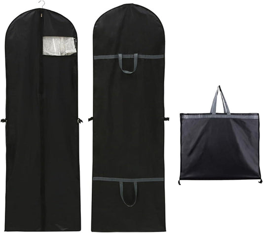 Black long garment bag with clear window and reinforced zipper