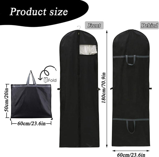 Black long garment bag with top handle, bottom ties, and clear window