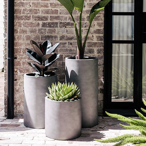 White planter pots set of three, matte cylindrical planters with open top rims