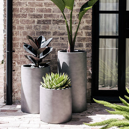 White planter pots set of three, matte cylindrical planters with open top rims