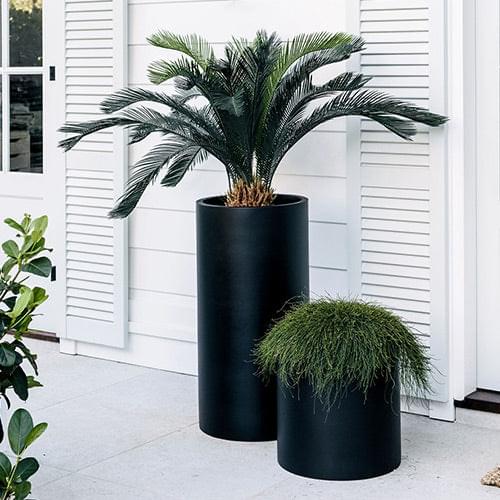 Charcoal planter pots set of two, matte finish, with smooth cylindrical bodies