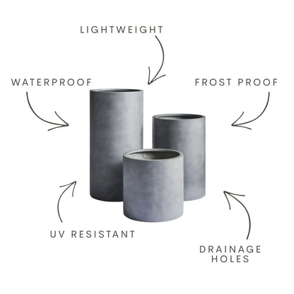 Three dark grey cylindrical planters: lightweight, waterproof, frostproof, UV resistant, drainage holes.