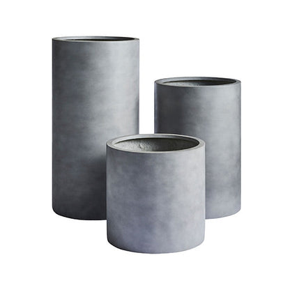 Concrete grey planter pots set of three, matte cylindrical planters with flat rims
