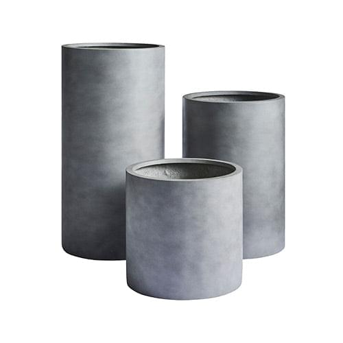 Concrete grey planter pots set of three, matte cylindrical planters with flat rims