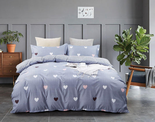 Super king heart-print duvet set, light blue with white and pink heart motifs