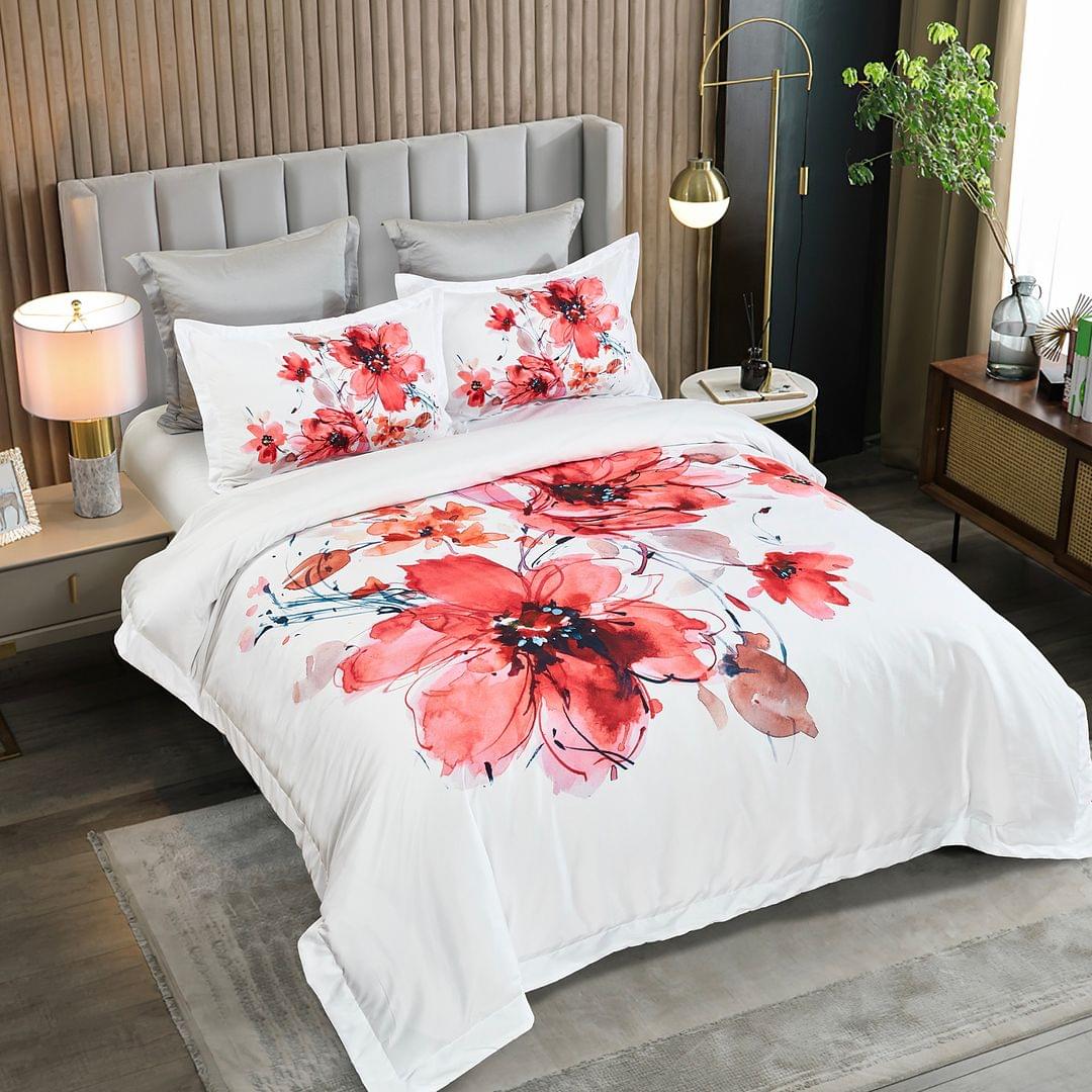 Queen floral quilt cover set with red-pink flower duvet and matching pillowcases