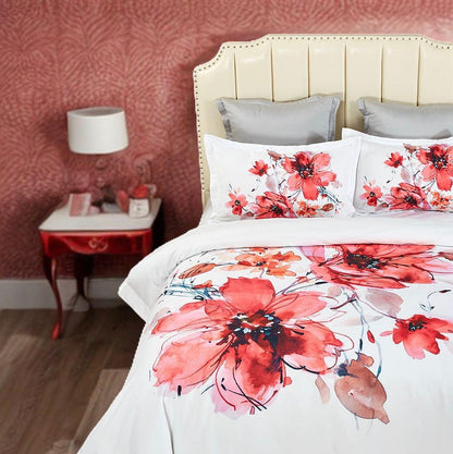 Queen floral quilt cover set with large red blooms on white bed linen