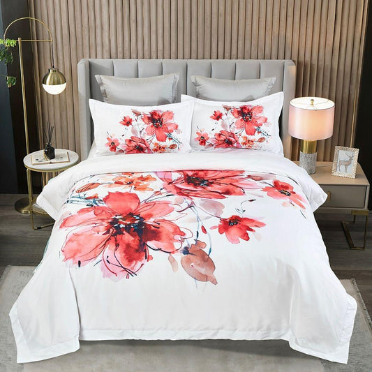Super king quilt cover set, white with red floral print, two matching pillowcases.