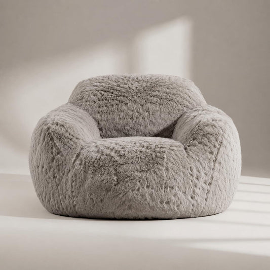 Gray faux-fur lounge chair cover with rounded pod shape