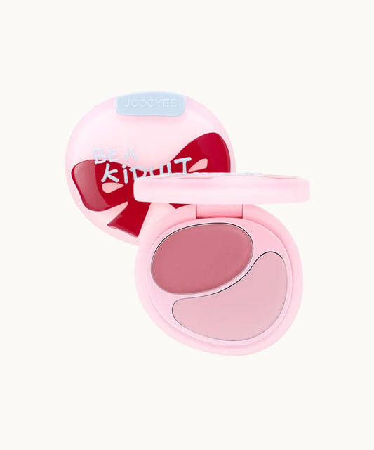 Joocyee blush duo compact open with two blush pans and a light pink applicator
