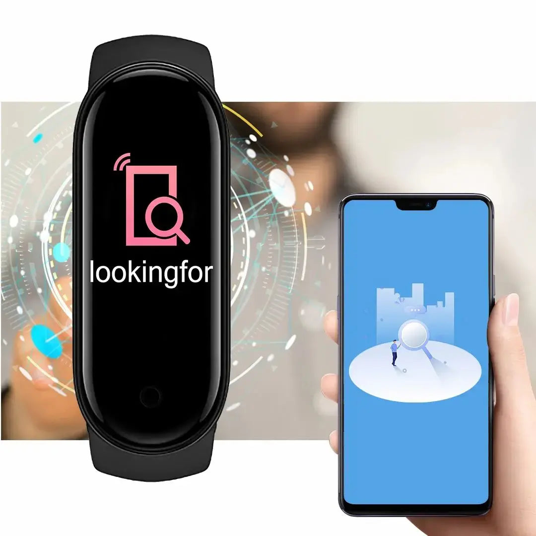 Black smartwatch with bright screen, paired smartphone display