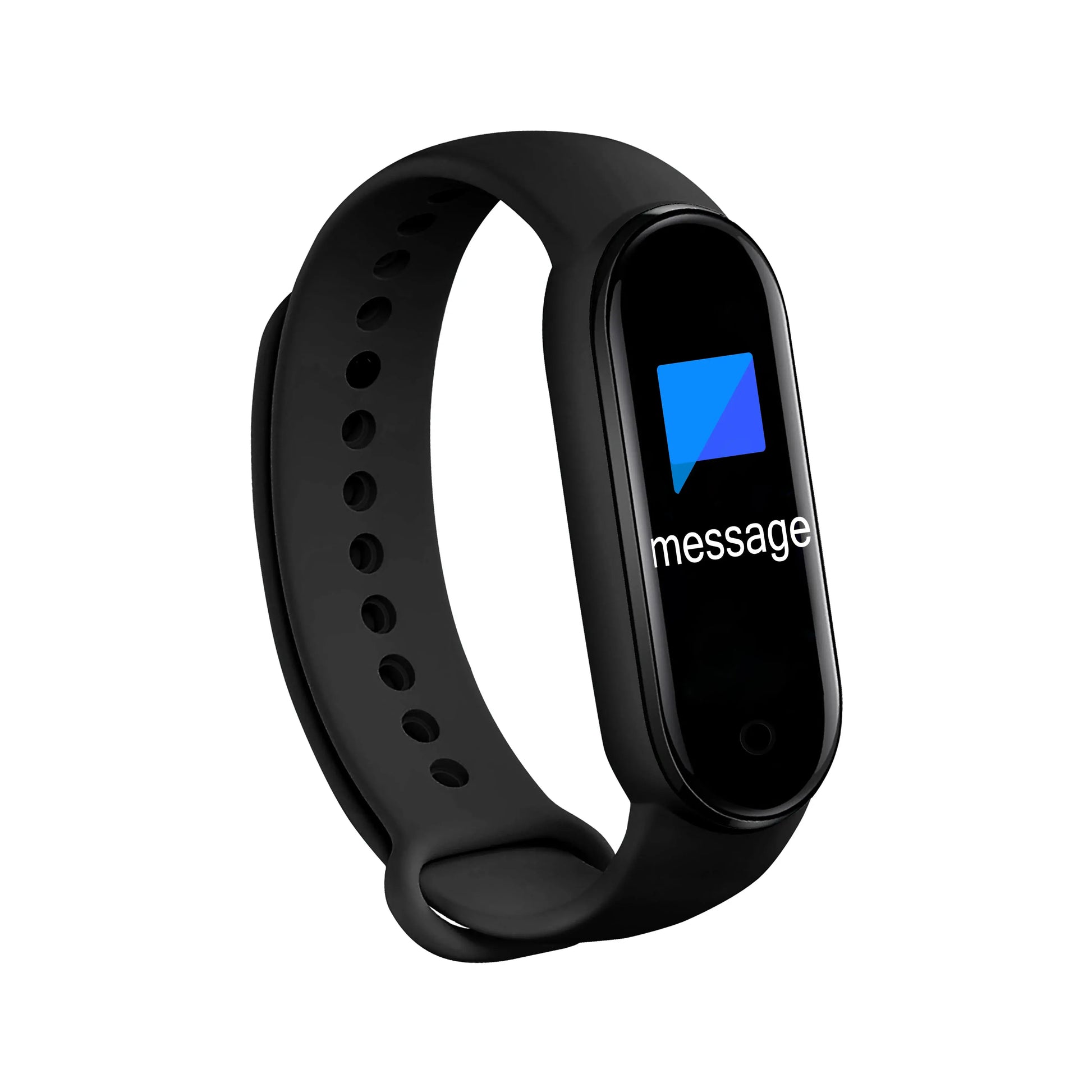 Black smartwatch band with screen showing message notification