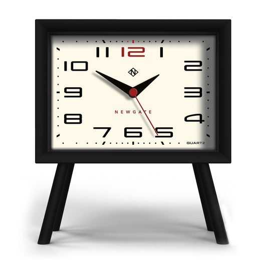 Black square mantel clock with white dial, red second hand, Arabic numerals, quartz