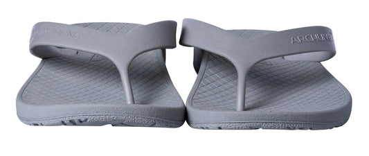 Grey kids orthotic thong sandals, side-by-side view with cushioned footbeds