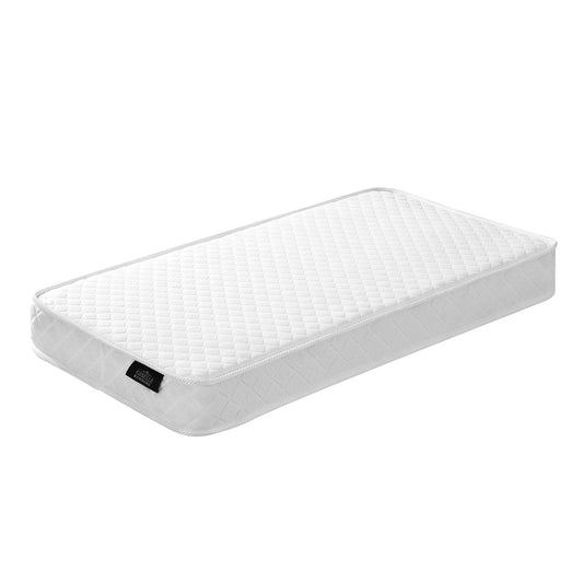 White quilted baby cot mattress with stitched border and black brand label