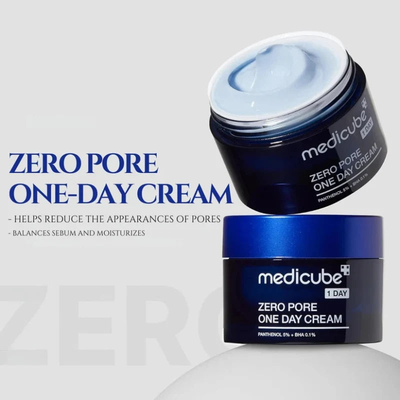 Medicube Zero Pore One-Day Cream jars with blue lid and white cream swirl on top