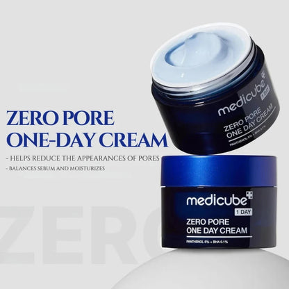 Medicube Zero Pore One-Day Cream jars with blue lid and white cream swirl on top