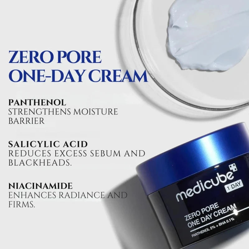 Medicube cream jar and raised lid with white cream dollop; ingredient callouts shown