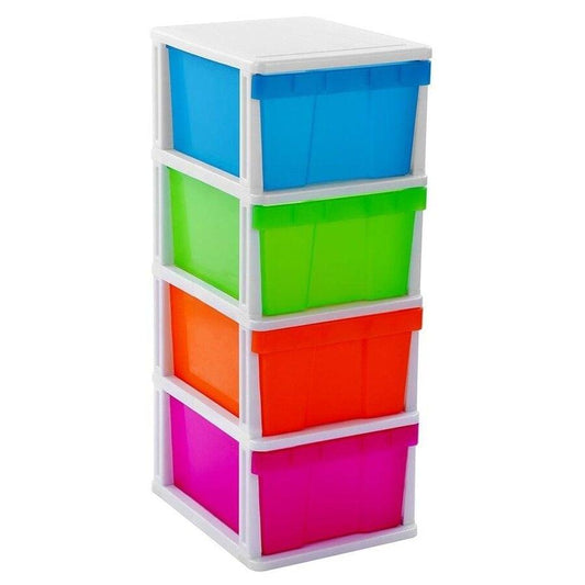 4-tier plastic drawer storage unit, colorful drawers with blue, green, orange, magenta
