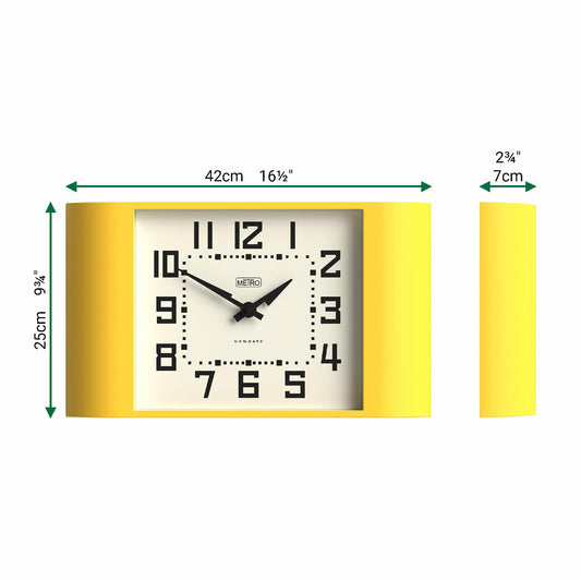 Yellow rectangular wall clock with white dial, black numerals, and black hands