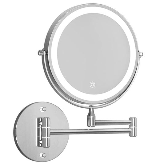 Round double-sided makeup mirror with LED light ring and extendable wall arm, silver