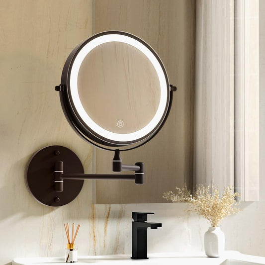 Brown extendable makeup mirror with round magnifying face and wall mount