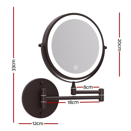Brown wall-mounted makeup mirror with round 10X magnifying side and dimension lines