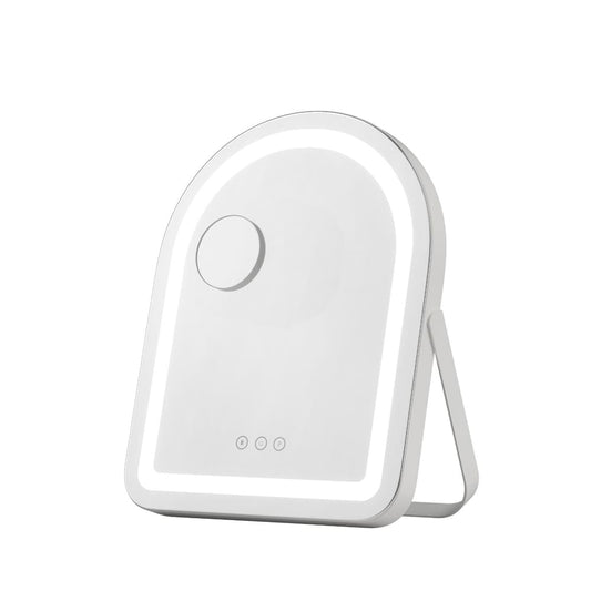 White arched LED makeup mirror with round control button and illuminated border