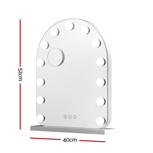 Arched tabletop makeup mirror with LED bulbs and white base, shown with size markers