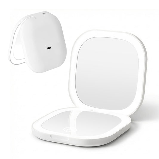 White LED compact travel mirror with hinged open double-sided square design