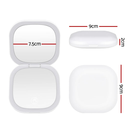 White LED compact mirror with square frame; open and closed views shown