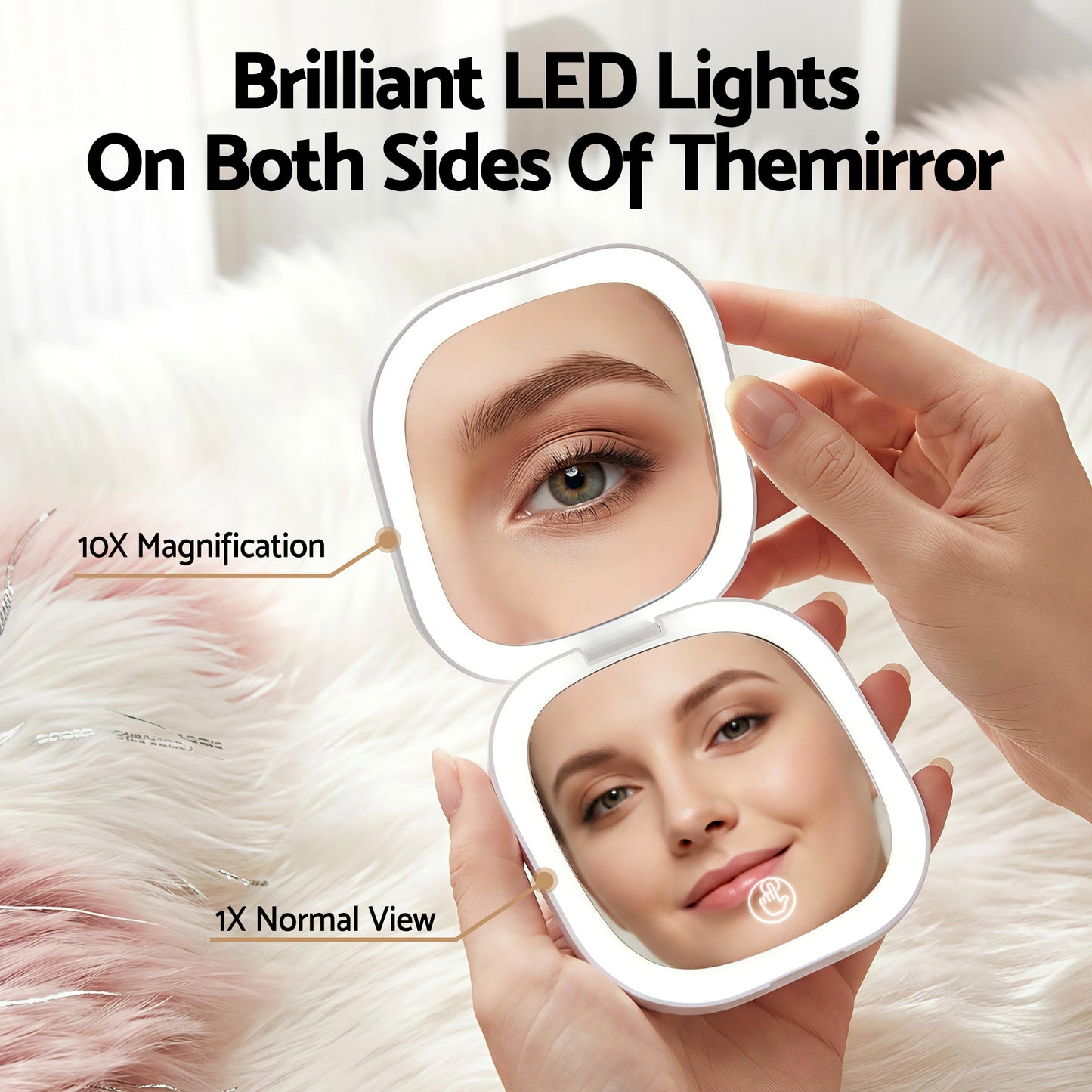 Embellir LED Compact Mirror Lighted Travel Makeup Mirror Pocket-Sized 1x 10x Magnification Square White