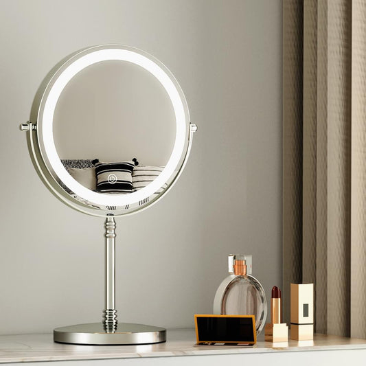 Tabletop round LED makeup mirror with magnifying glass and silver stand