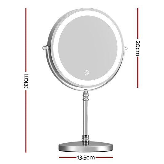 Round LED magnifying makeup mirror on base with height and width indicators