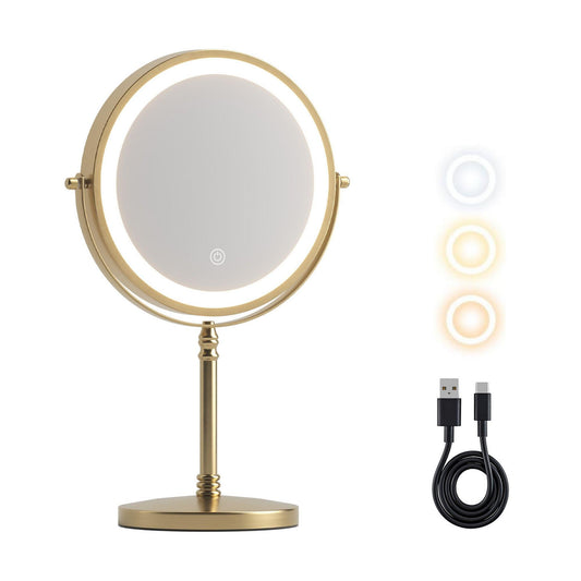 Gold tabletop lighted round makeup mirror with LED ring and pedestal stand