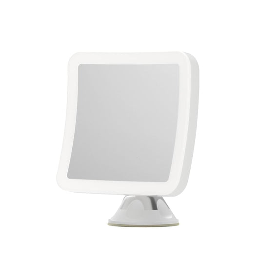 Square white LED makeup mirror on small stand with clear glass panel