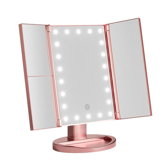 Pink tri-fold tabletop makeup mirror with built-in LED light bulbs and stand