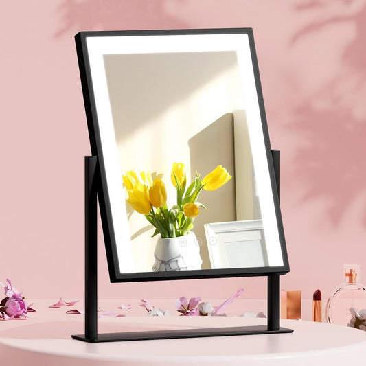 Black LED makeup mirror with stand, angled view