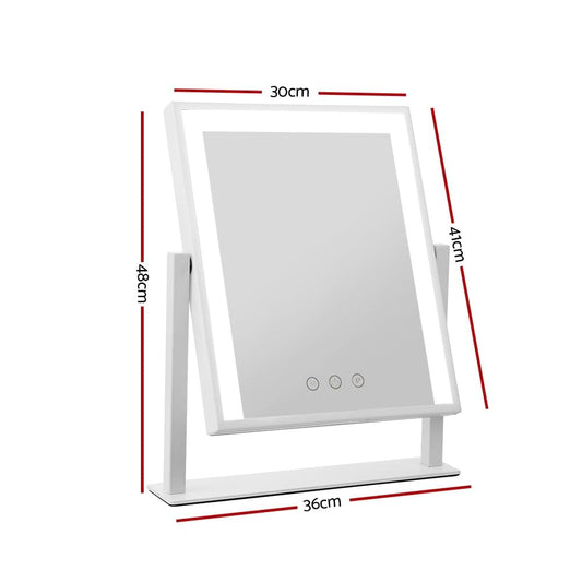 White vanity makeup mirror on stand with size markings