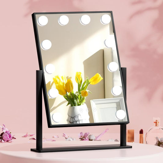 LED Hollywood vanity makeup mirror with round bulbs, dark frame, tabletop stand