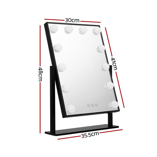 LED makeup vanity mirror with round bulbs, black tabletop stand, front view