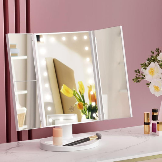 Tri-fold makeup mirror with LED light panels and reflective mirrors, travel portable