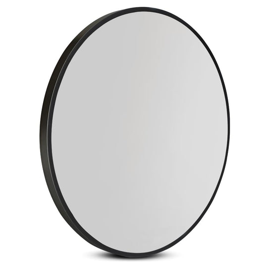 Round wall mirror with black frame and clear reflective glass