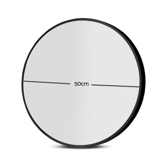 Round wall mirror with black rim, centered measurement line, reflective glass