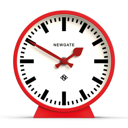 Red railway style mantel clock with white face, black numerals, and red hands