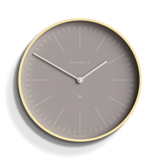 Newgate wall clock with pale wood rim and grey dial, slim silver hands and markers.