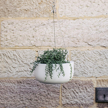 Hanging planter pot with white finish and trailing green foliage