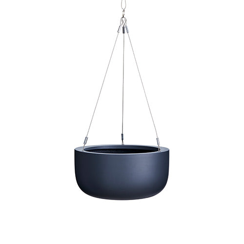 Dark navy hanging planter pot with metal support cords