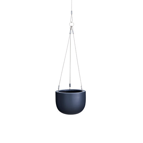 Navy hanging planter pot with metal suspension cords