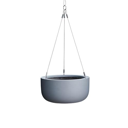 Hanging planter pot with dark gray finish and black interior